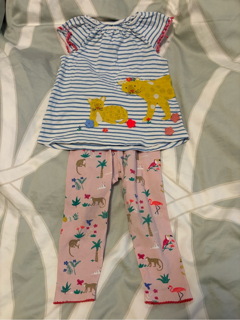 Baby Boden Blue & Pink Striped Top with Pink Tropical Animal Leggings